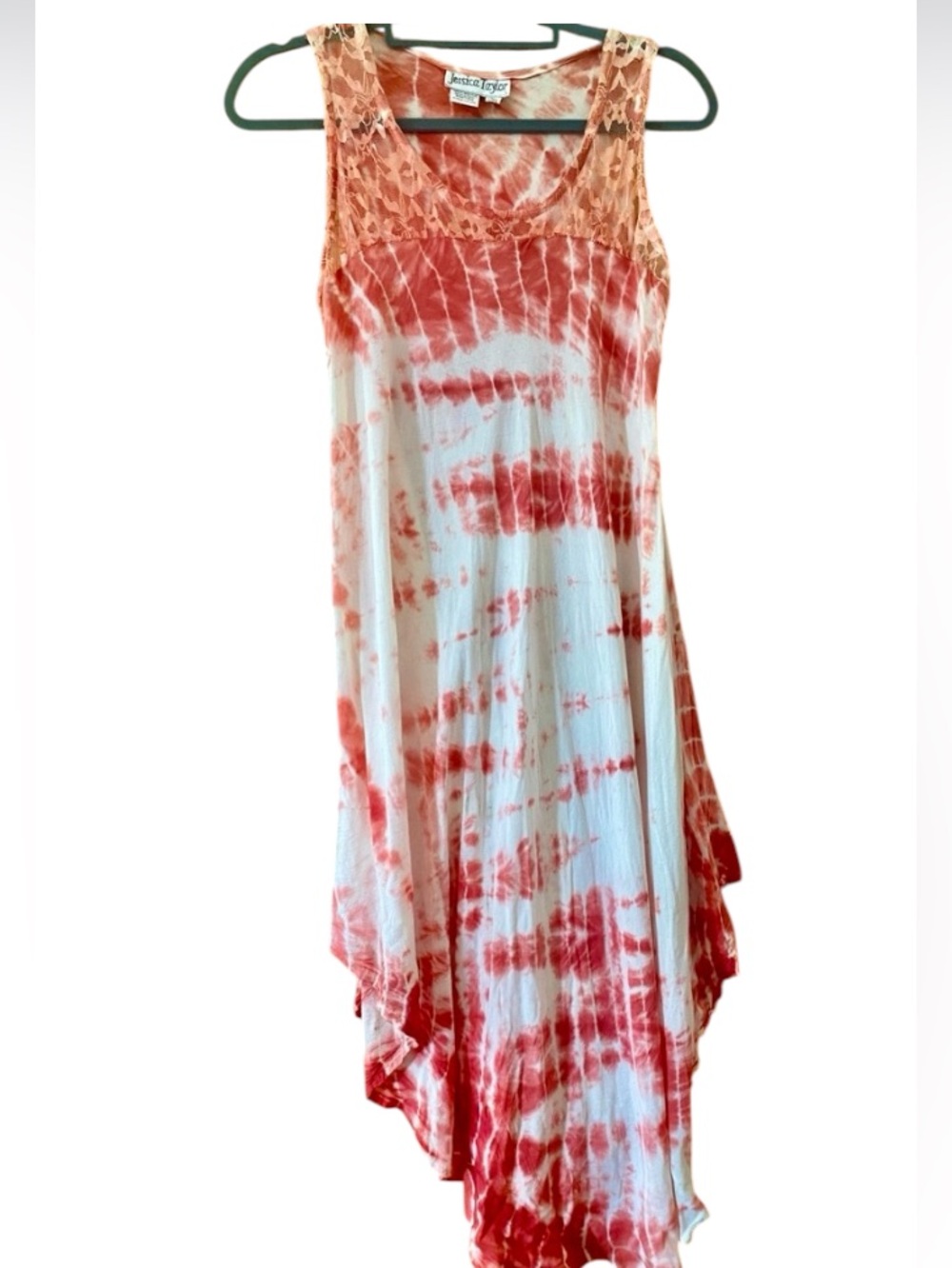 Jessica Taylor Coral Tie Dye Lace Handkerchief Hem Boho Dress One Size